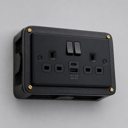 Matt Black Double Switched Solid Cast Metal Conduit 2-Gang Socket + 2.4A 12W 2 Outlet Type A & C USB Charger