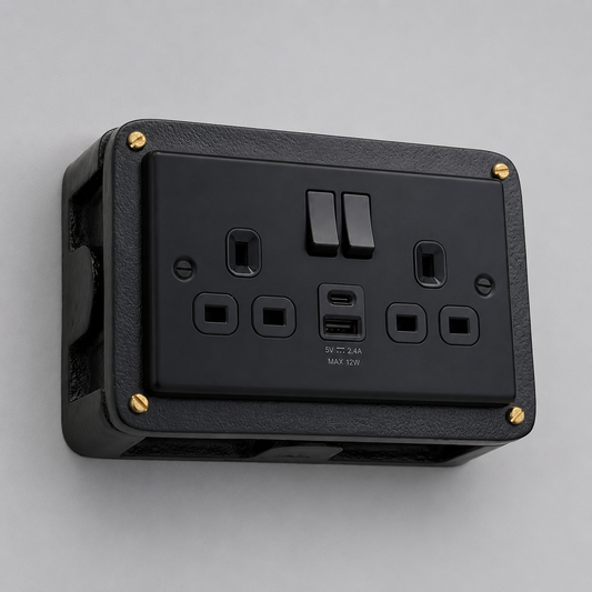 Matt Black Double Switched Solid Cast Metal Conduit 2-Gang Socket + 2.4A 12W 2 Outlet Type A & C USB Charger