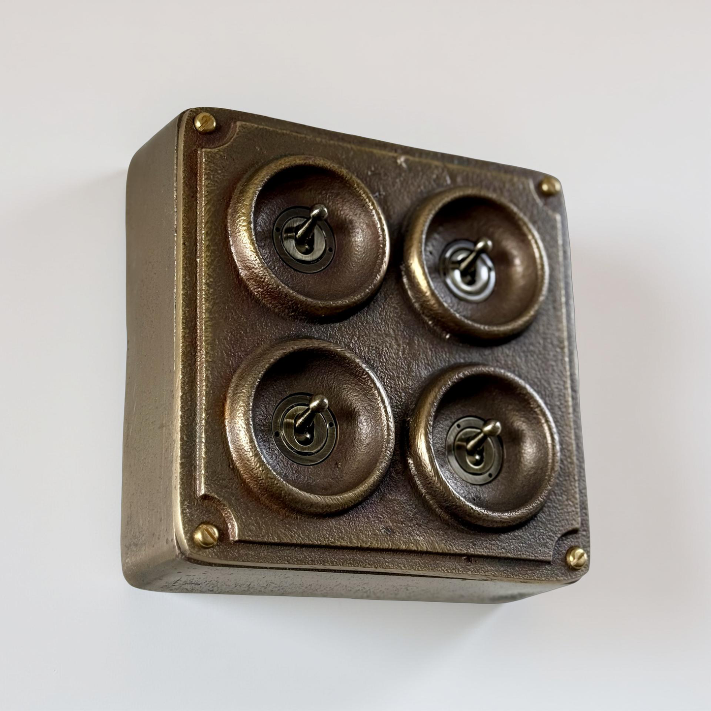 4 Gang 2 Way Solid Antique Brass Bronze Metal Surface Mounted Conduit Light Switch Industrial - BS EN Approved Vintage Crabtree 1950’s Style