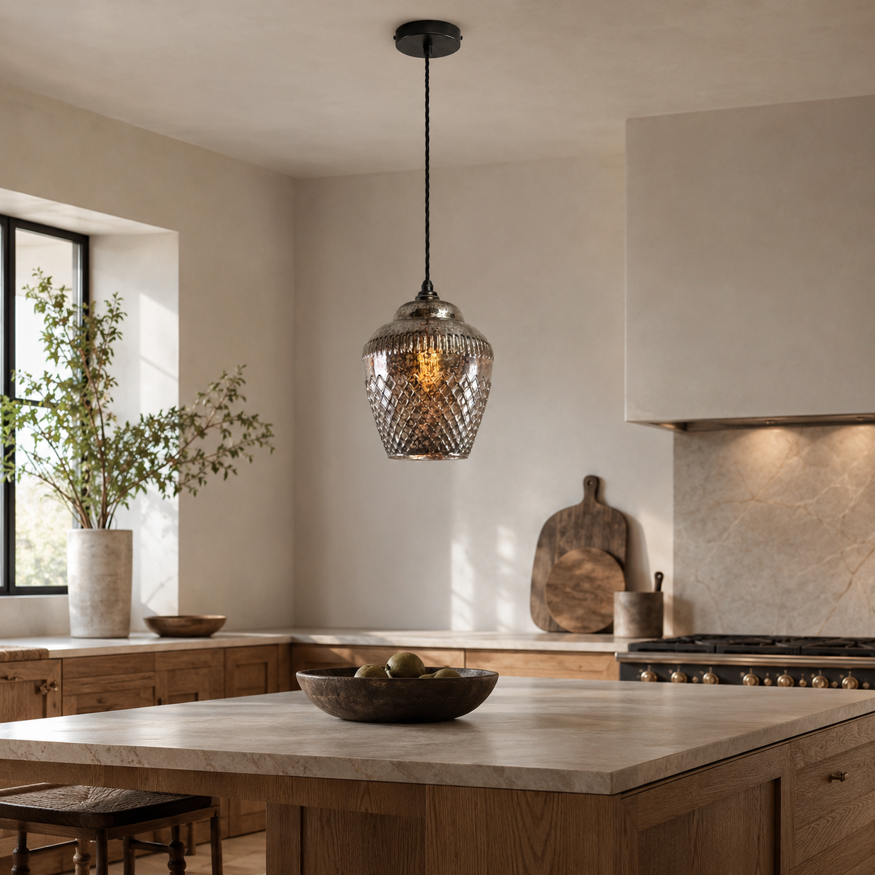 Vintage Mercury Glass Pendant Light | Diamond Cut Glass Hanging Lamp