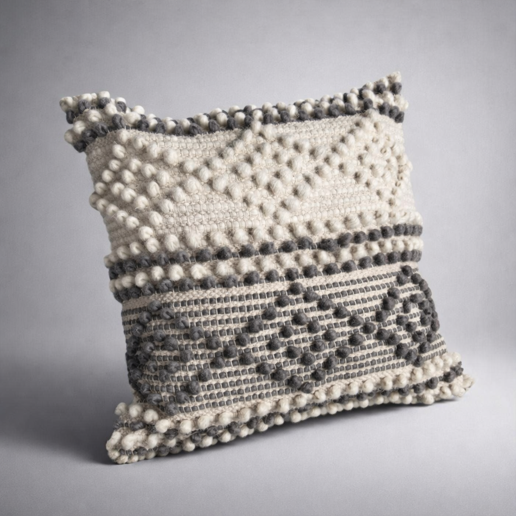 Handwoven Textured Pom-Pom Cushion Cover - Cream & Charcoal Grey Geometric - Boho Neutral Pillow 
16x16