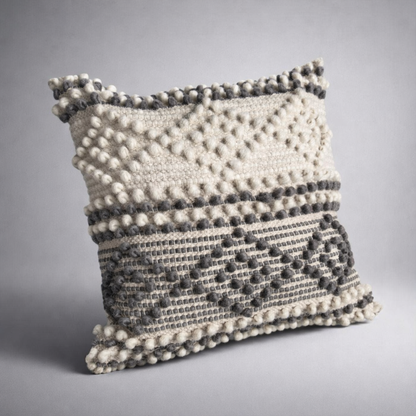 Handwoven Textured Pom-Pom Cushion Cover - Cream & Charcoal Grey Geometric - Boho Neutral Pillow 
16x16