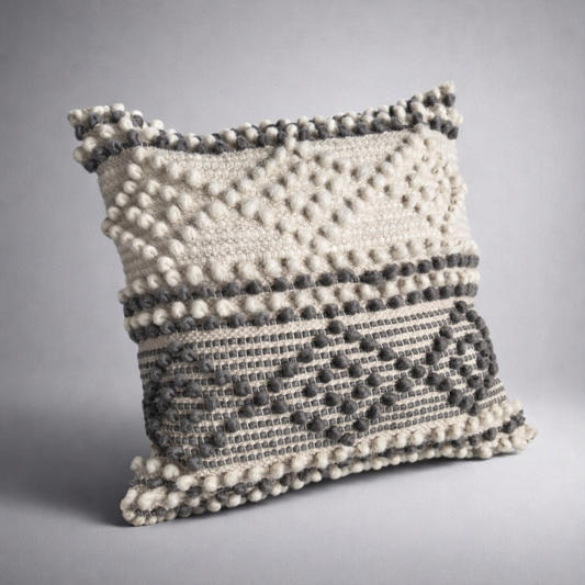Handwoven Textured Pom-Pom Cushion Cover - Cream & Charcoal Grey Geometric - Boho Neutral Pillow 
16x16