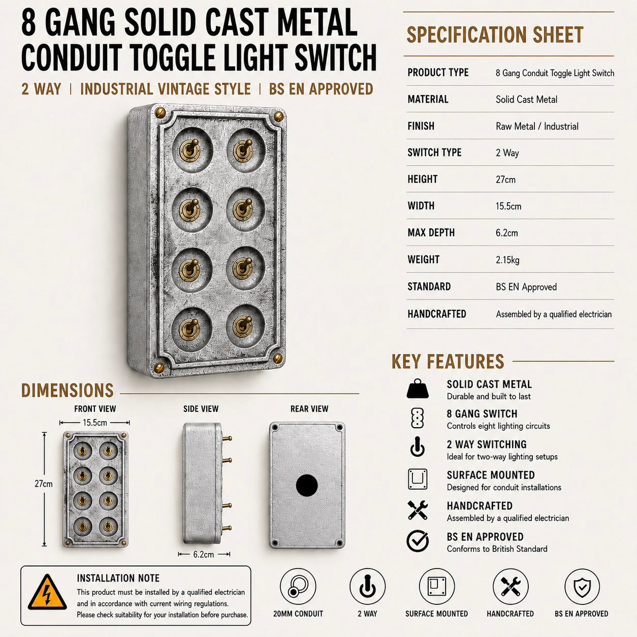 8 Gang 2 Way Solid Cast Metal Conduit Light Switch Industrial | Vintage Crabtree