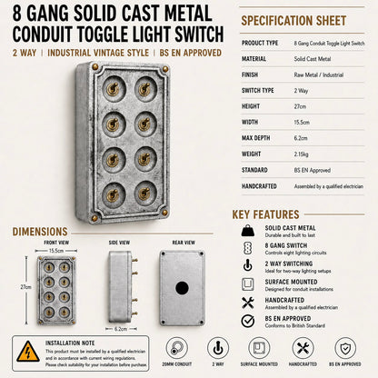 8 Gang 2 Way Solid Cast Metal Conduit Light Switch Industrial | Vintage Crabtree