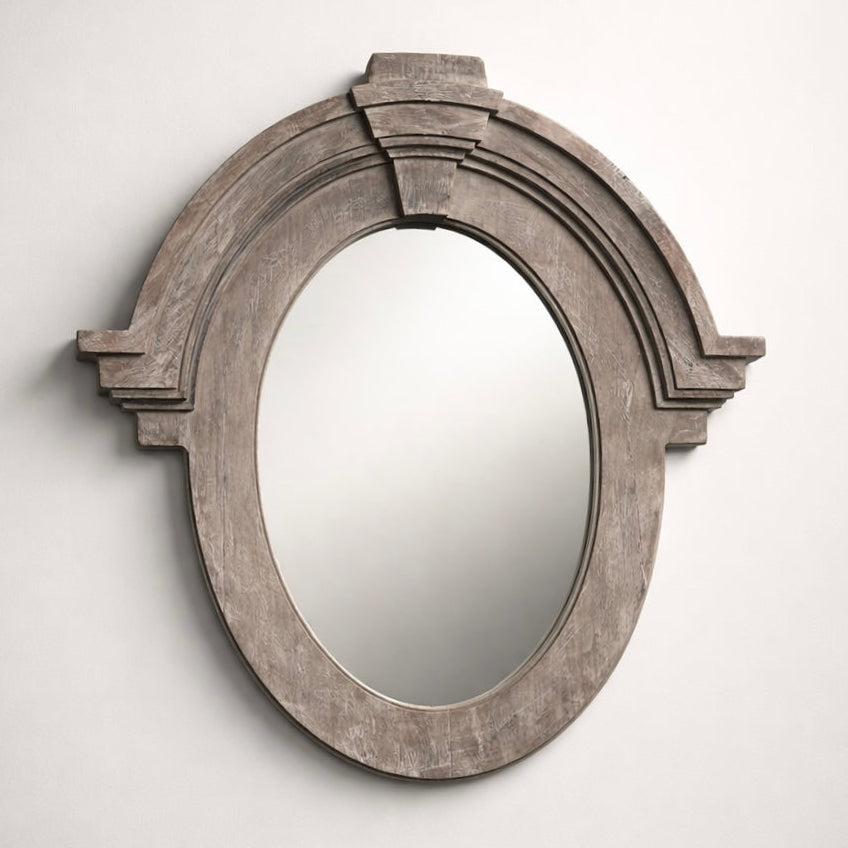 Mansard Architectural Oval Wall Mirror - Distressed Grey Wood Frame