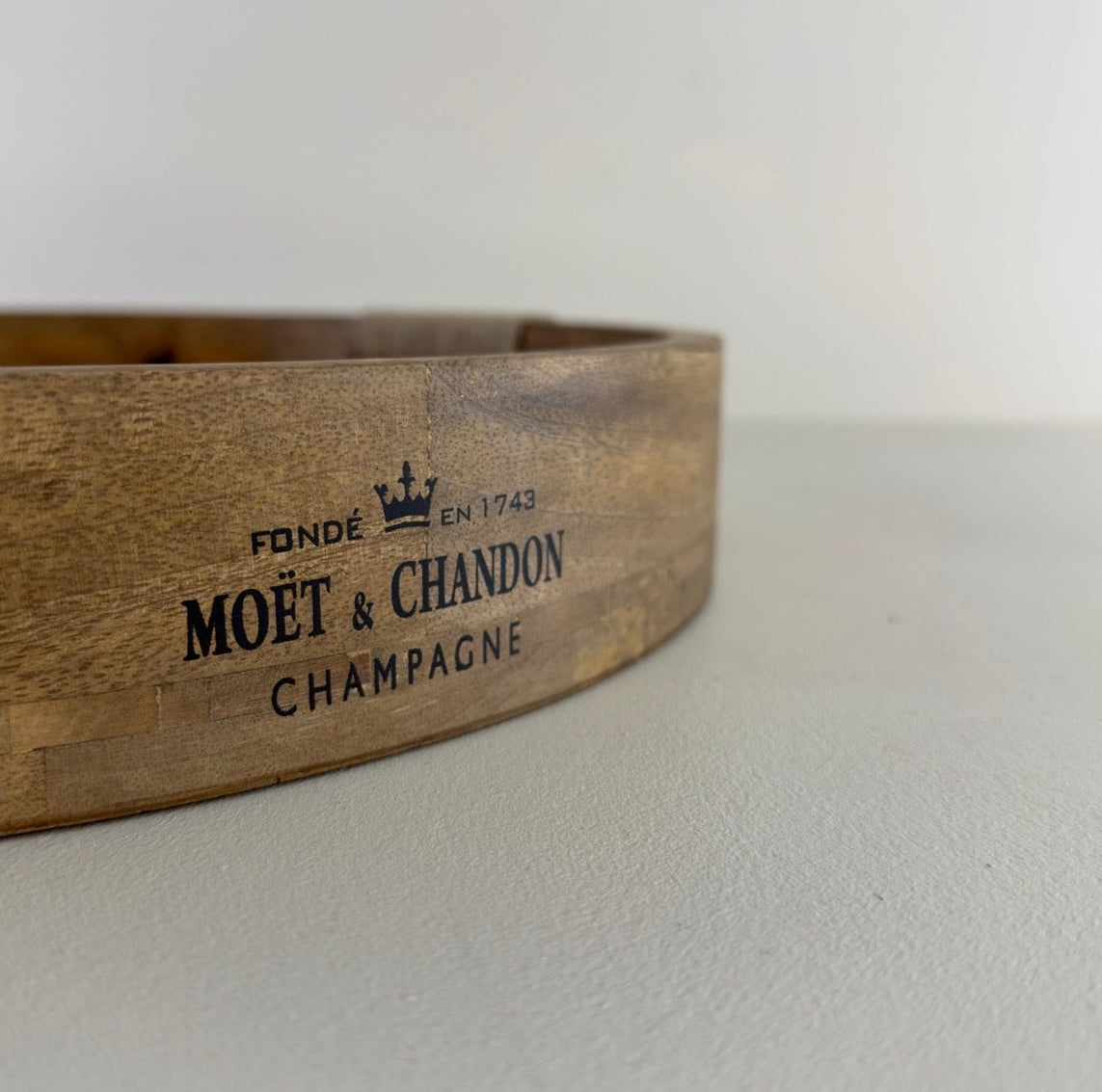 Moët & Chandon Champagne Large Round Wooden Serving Tray Natural Patchwork