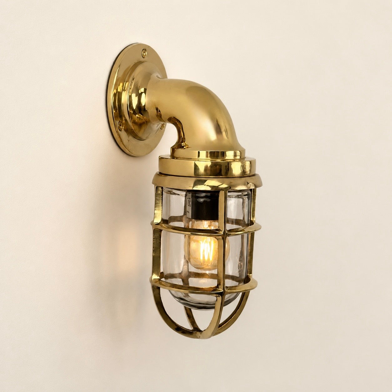 Beachamwell Solid Brass Caged Swan Neck Wall Light - IP65