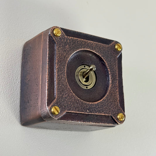 Single Gang Antique Copper Solid Cast Metal Conduit Light Switch Industrial 2 Way - BS EN Approved Vintage Crabtree 1950’s Style