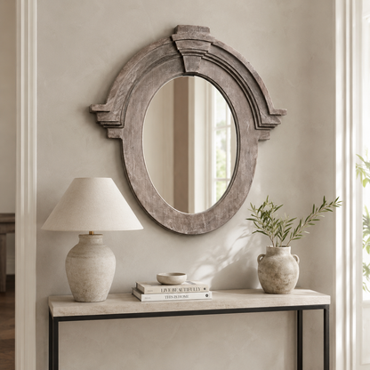 Mansard Arched Mirror | Hand-Carved Whitewashed Mango Wood