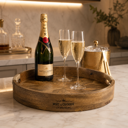 Moët & Chandon champagne bottle with two glasses on a wooden tray in a kitchen setting.