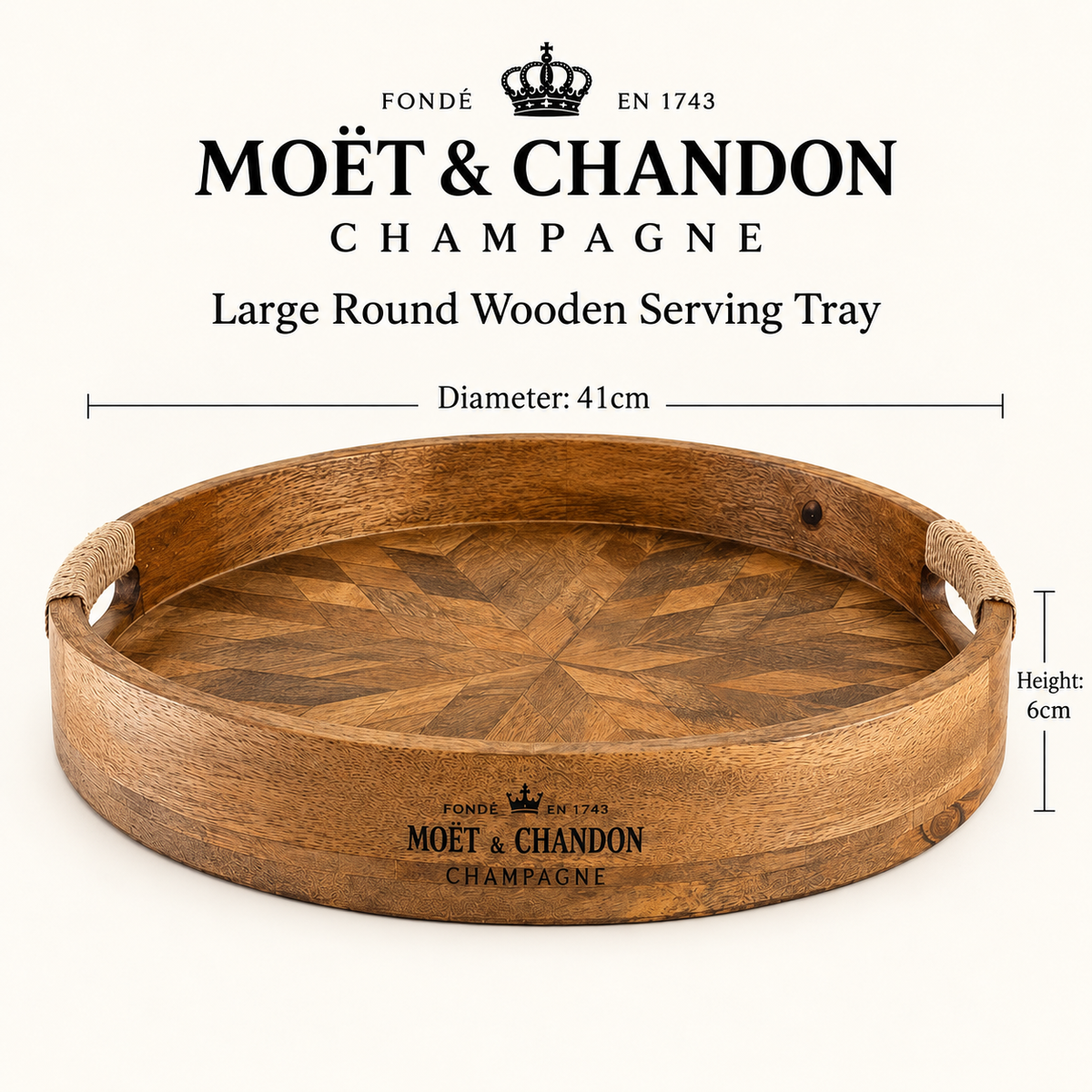 A large round wooden serving tray with integrated handles and printed Moët & Chandon branding, shown on a light cream background with dimension lines indicating a diameter of 41 cm and height of 6 cm. Text above reads 'Large Round Wooden Serving Tray' and 'Diameter: 41cm' and 'Height: 6cm'.