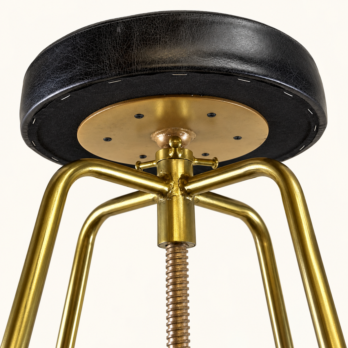 Antique Brass & Black Leather Adjustable Bar Stool