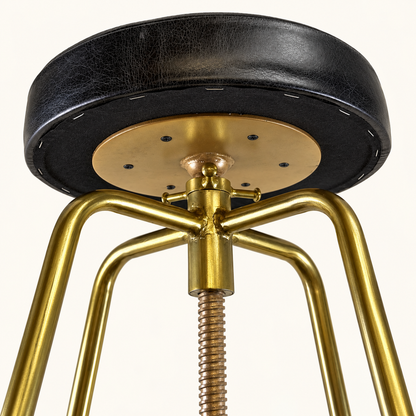 Antique Brass & Black Leather Adjustable Bar Stool