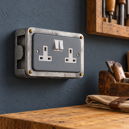 Grey Metal Clad Double Switched 13A Power Socket 230V Industrial Conduit
