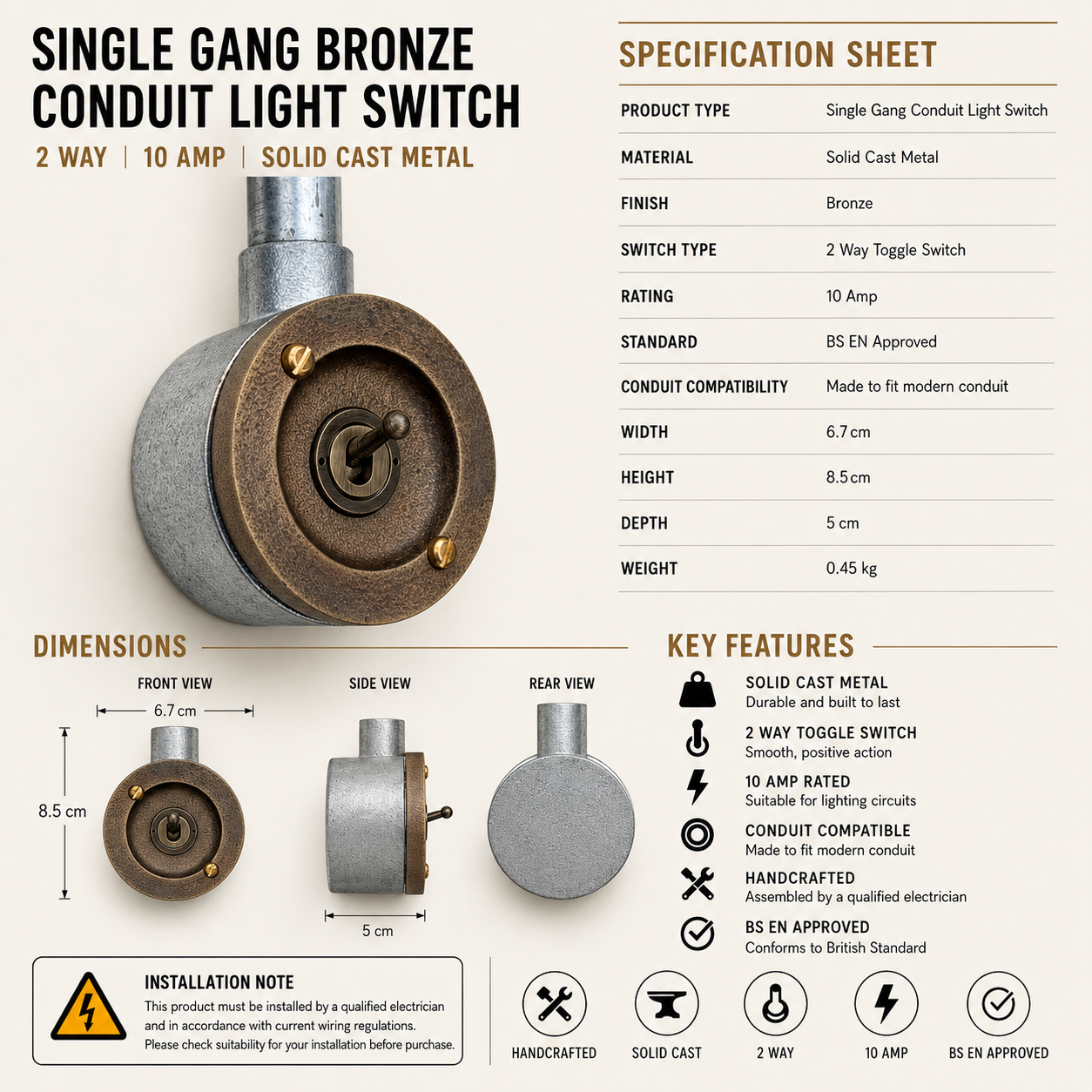 Single Gang 2 Way Antique Brass Conduit Light Toggle Switch | Solid Cast Metal
*Pre Order*