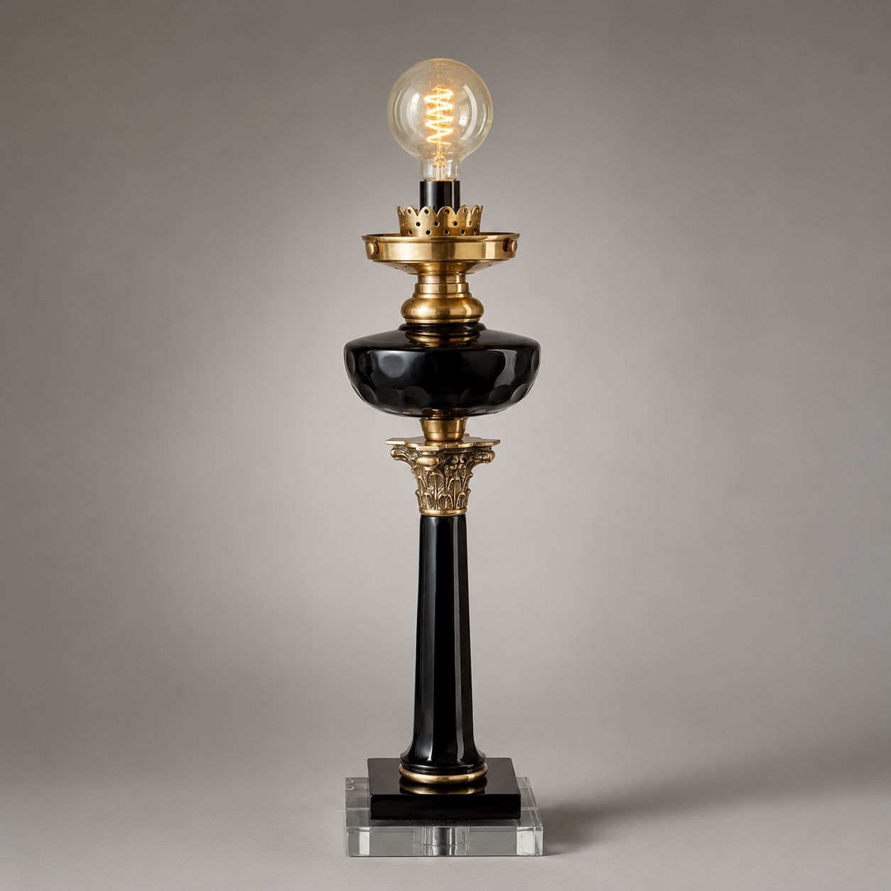 French Style Solid Brass & Black Glass Table Lamp Bedside Reading Light