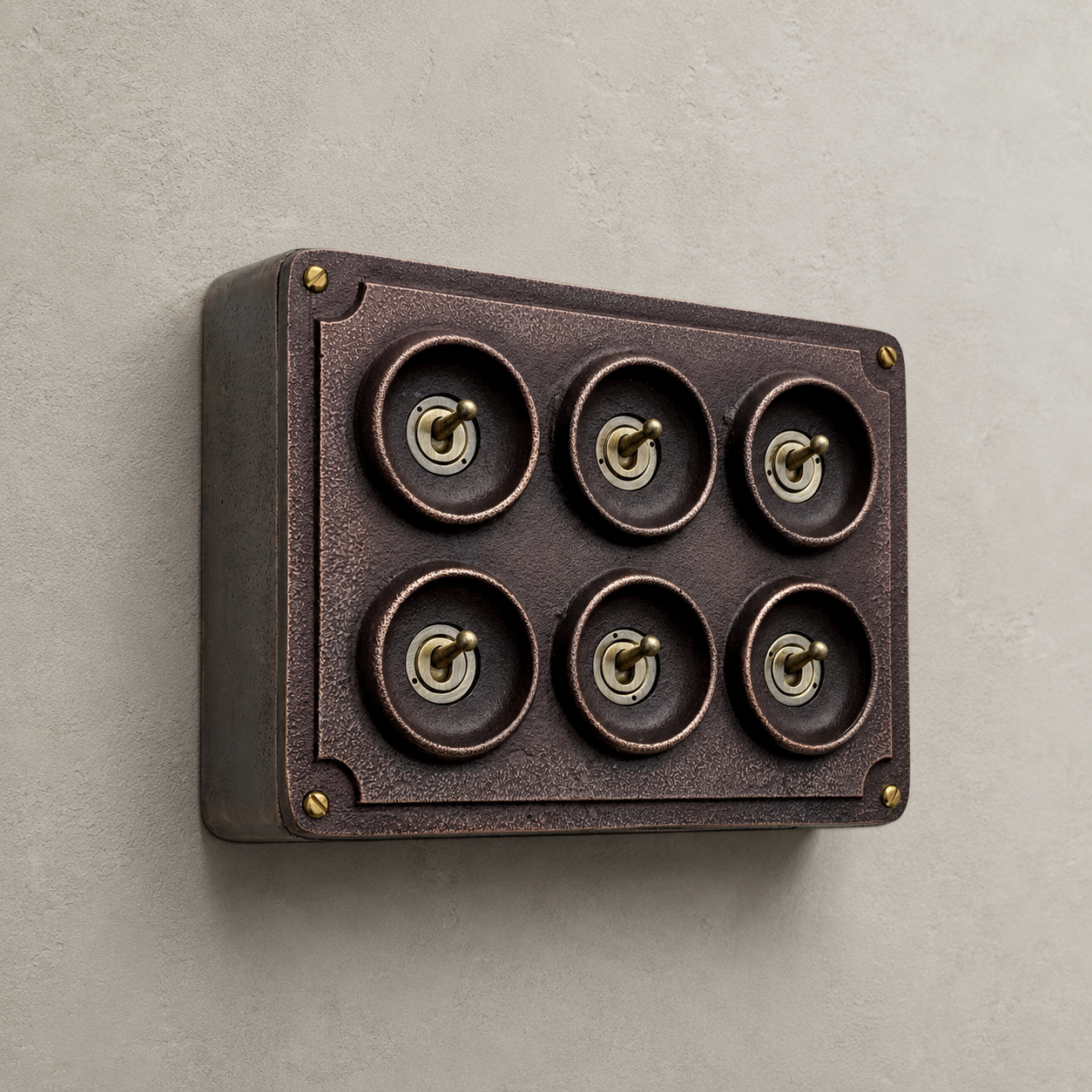 6 Gang 2 Way Antique Copper Conduit Toggle Light Switch | Solid Cast Metal