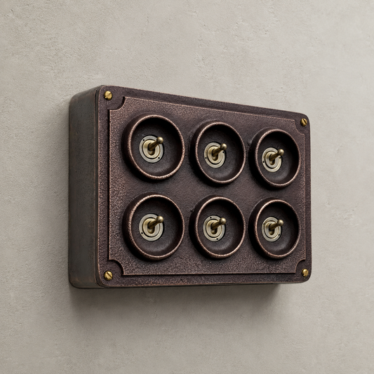 6 Gang 2 Way Antique Copper Conduit Toggle Light Switch | Solid Cast Metal