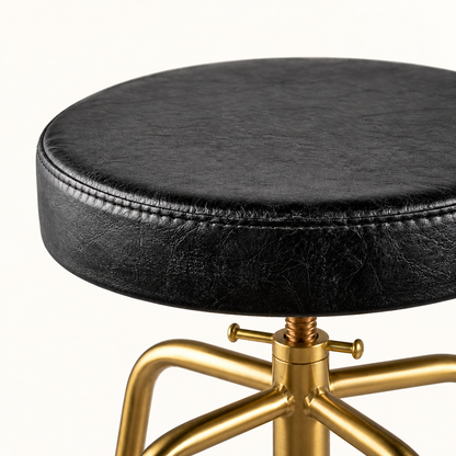 Antique Brass & Black Leather Adjustable Bar Stool