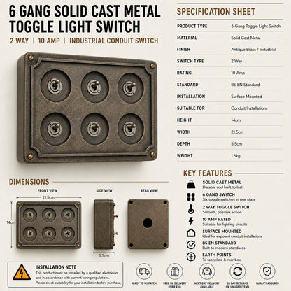6 Gang 2 Way Bronze Solid Cast Metal Conduit Light Switch Industrial