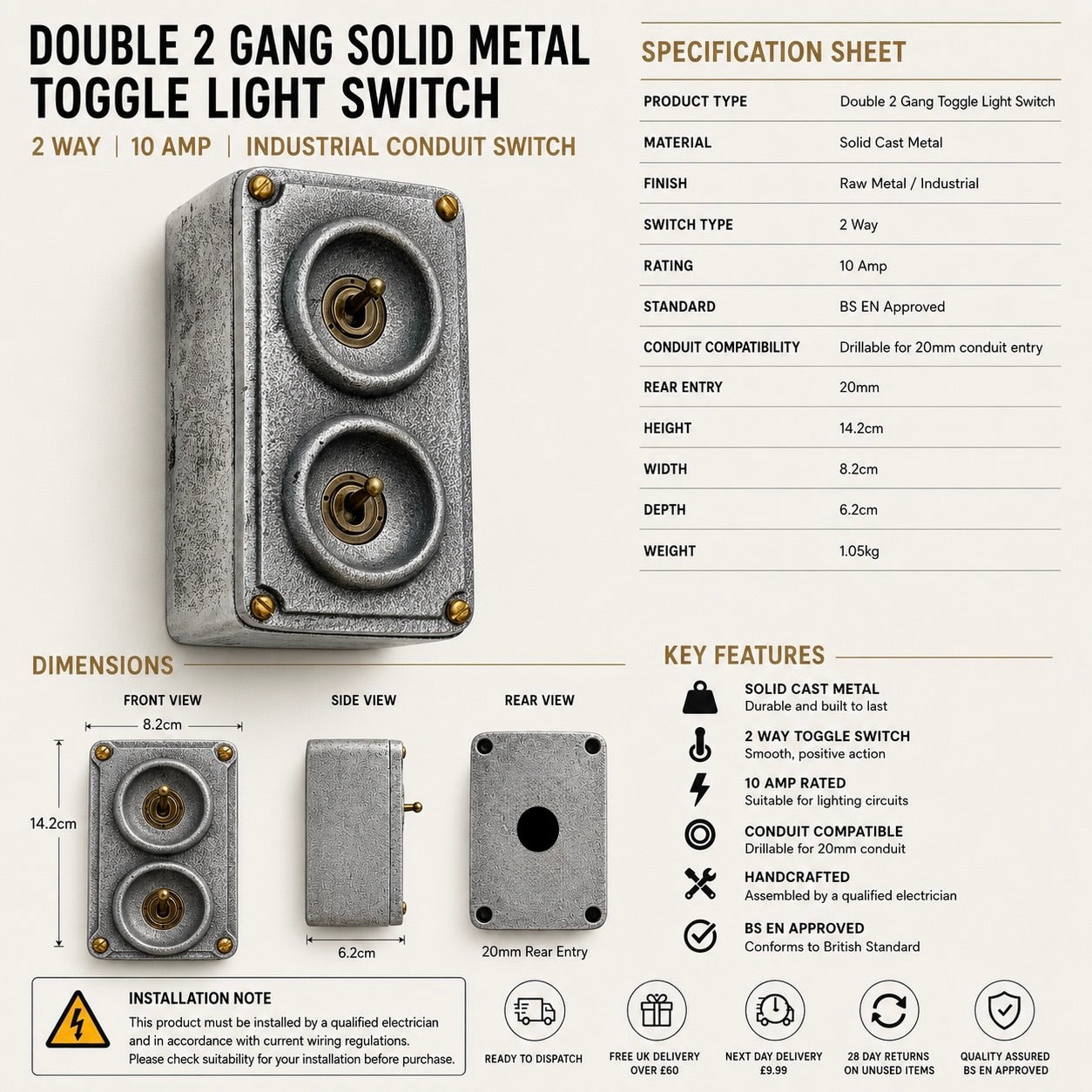 Double 2 Gang Cast Metal Light Switch | Industrial 2 Way Toggle Switch | Vintage Crabtree Style