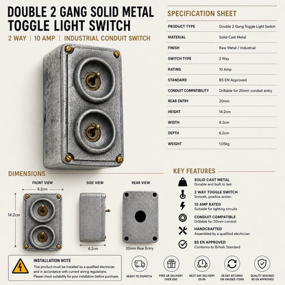 Double 2 Gang Cast Metal Light Switch | Industrial 2 Way Toggle Switch | Vintage Crabtree Style