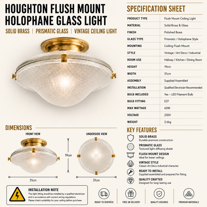 Houghton - Flush Mount Holophane Glass Ceiling Light | Solid Brass Prismatic Vintage Art Deco Light