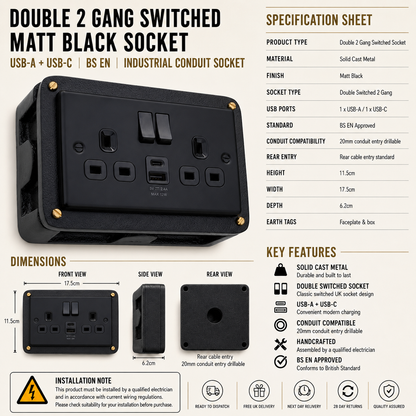 Matt Black Double Switched Solid Cast Metal Conduit 2-Gang Socket + 2.4A 12W 2 Outlet Type A & C USB Charger