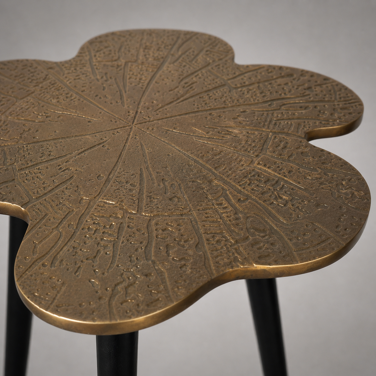 Brass Clover Side Table | Etched Botanical Top & Black Iron Legs