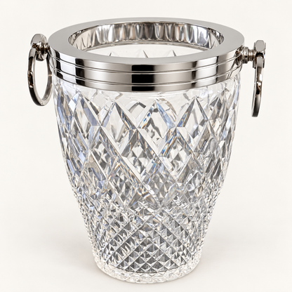 A clear cut-glass ice bucket with a polished silver-tone metal rim and side handles, shown on a clean white background.