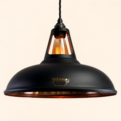 Cawston XL Matt Black & Polished Copper Lampshade Pendant Light - 14 Inch