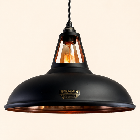 Cawston XL Matt Black & Polished Copper Lampshade Pendant Light - 14 Inch