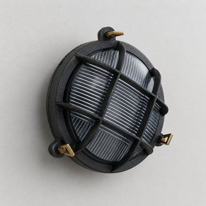 Wroxham ~ Cast Pewter Caged Nautical Bulkhead Wall Light Industrial Ceiling Fixture