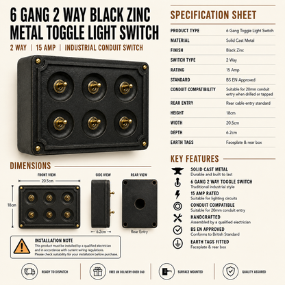 6 Gang 2 Way Black Zinc Cast Metal Conduit Light Switch