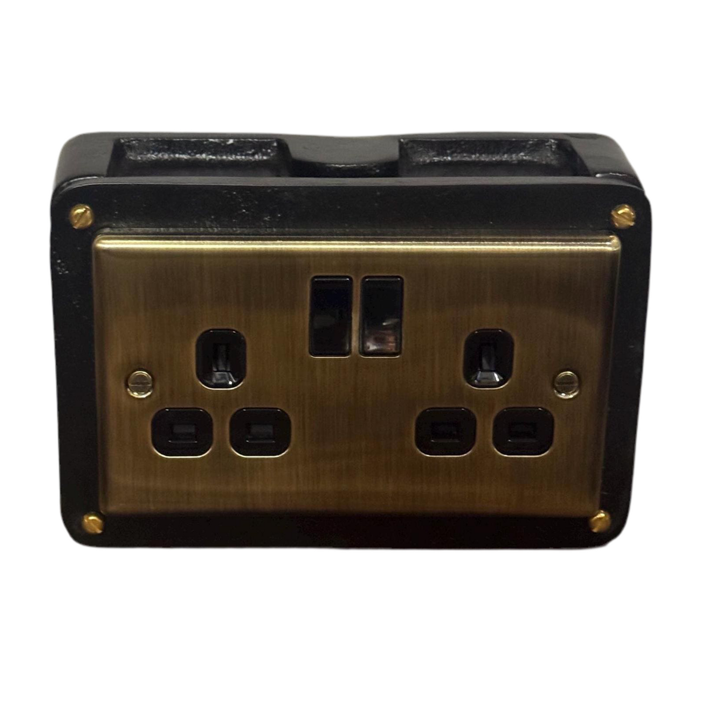 Black Double Switched Antique Brass 13A Power Socket 230V 13A 2 Gang 2G  Solid Cast Metal Conduit Switch Industrial - BS EN Approved