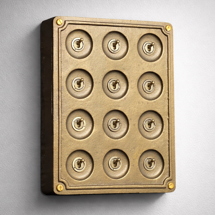 12 Gang 2 Way Bronze Solid Cast Metal Surface Mounting Conduit Light Switch Industrial - BS EN Approved Vintage Crabtree 1950