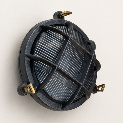 Wroxham ~ Cast Pewter Caged Nautical Bulkhead Wall Light Industrial Ceiling Fixture