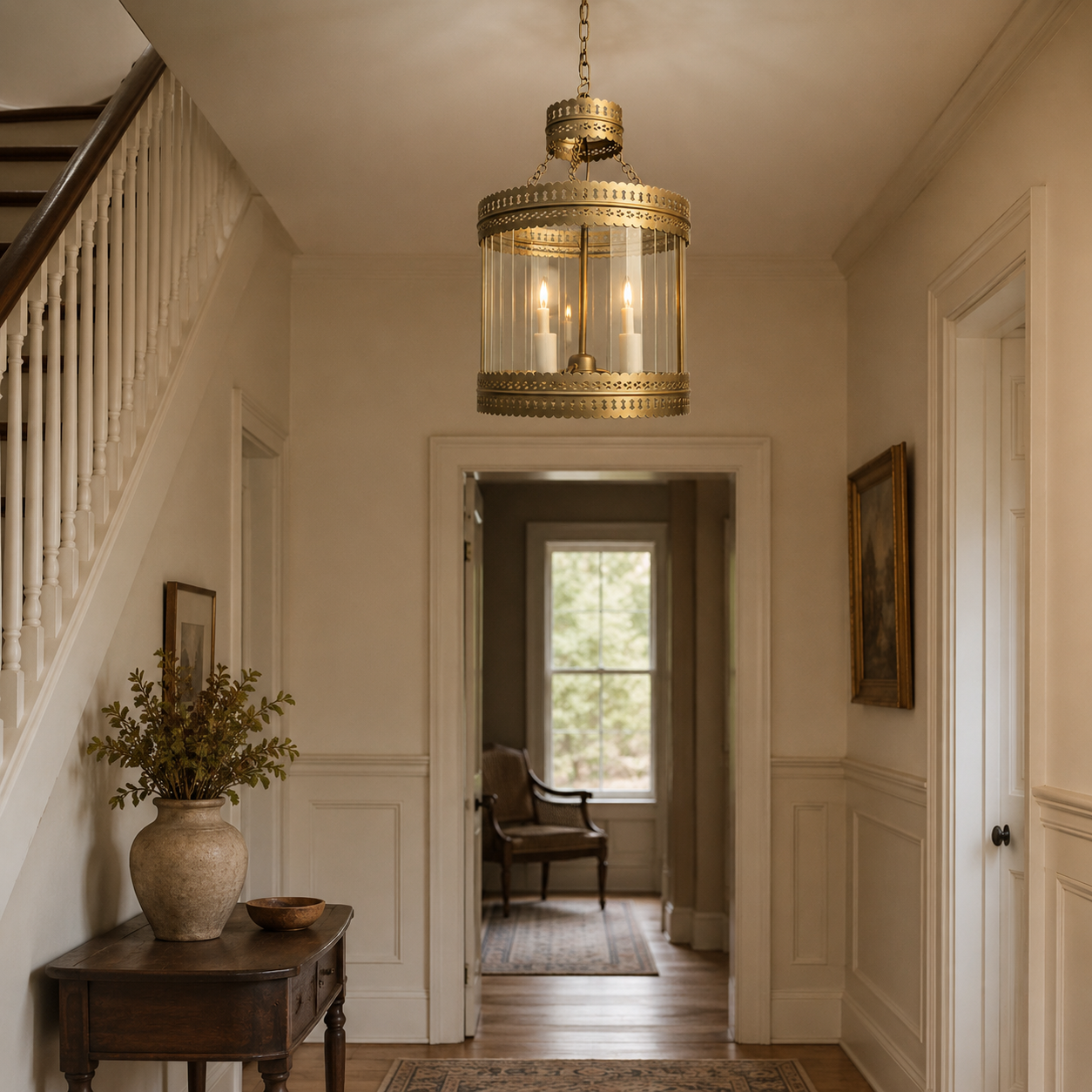 Antique Brass Ribbed Glass Hanging Pendant Lantern Ceiling Light