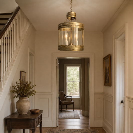 Antique Brass Ribbed Glass Hanging Pendant Lantern Ceiling Light