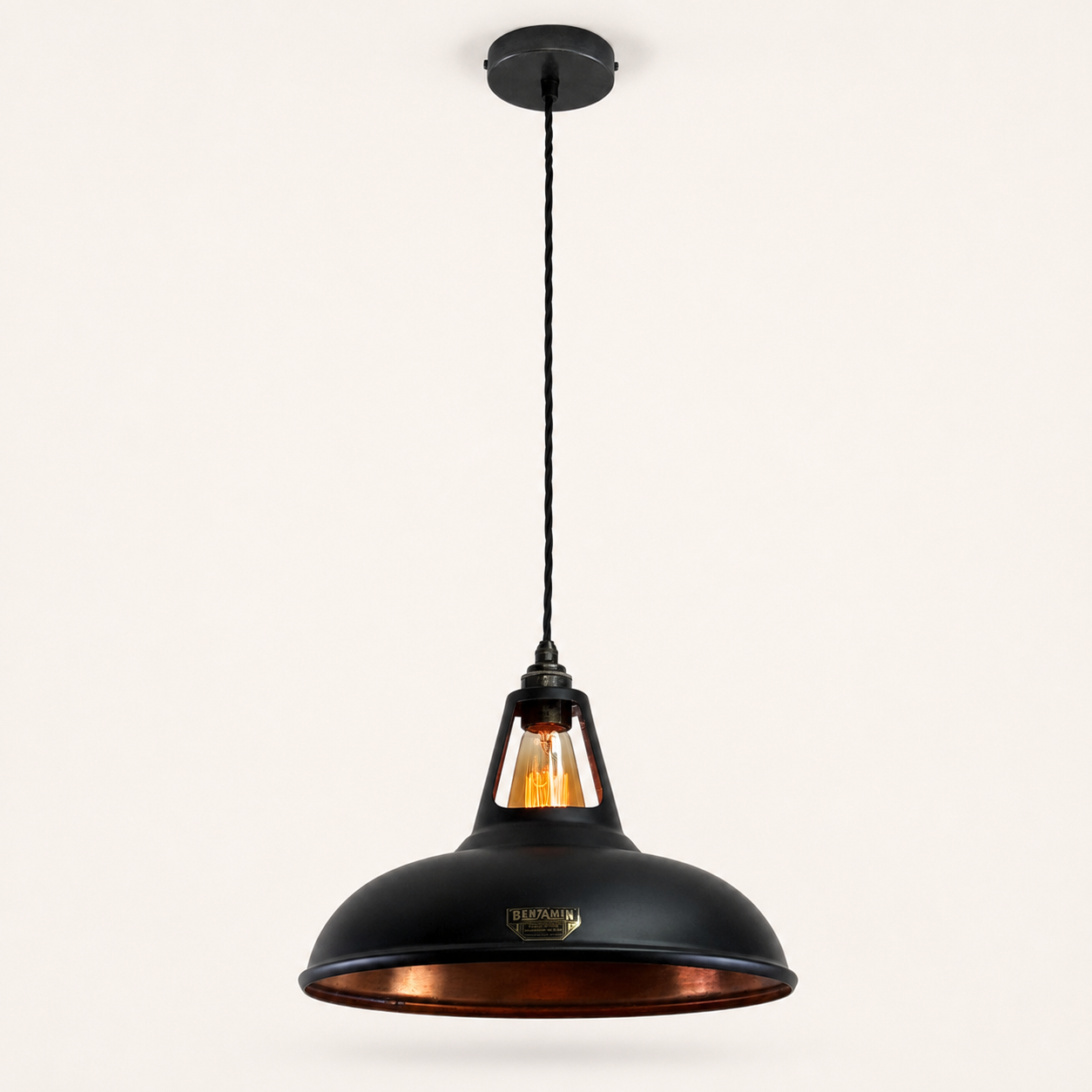 Cawston XL Matt Black & Antique Copper Coolicon Lampshade Pendant Light - 14 Inch