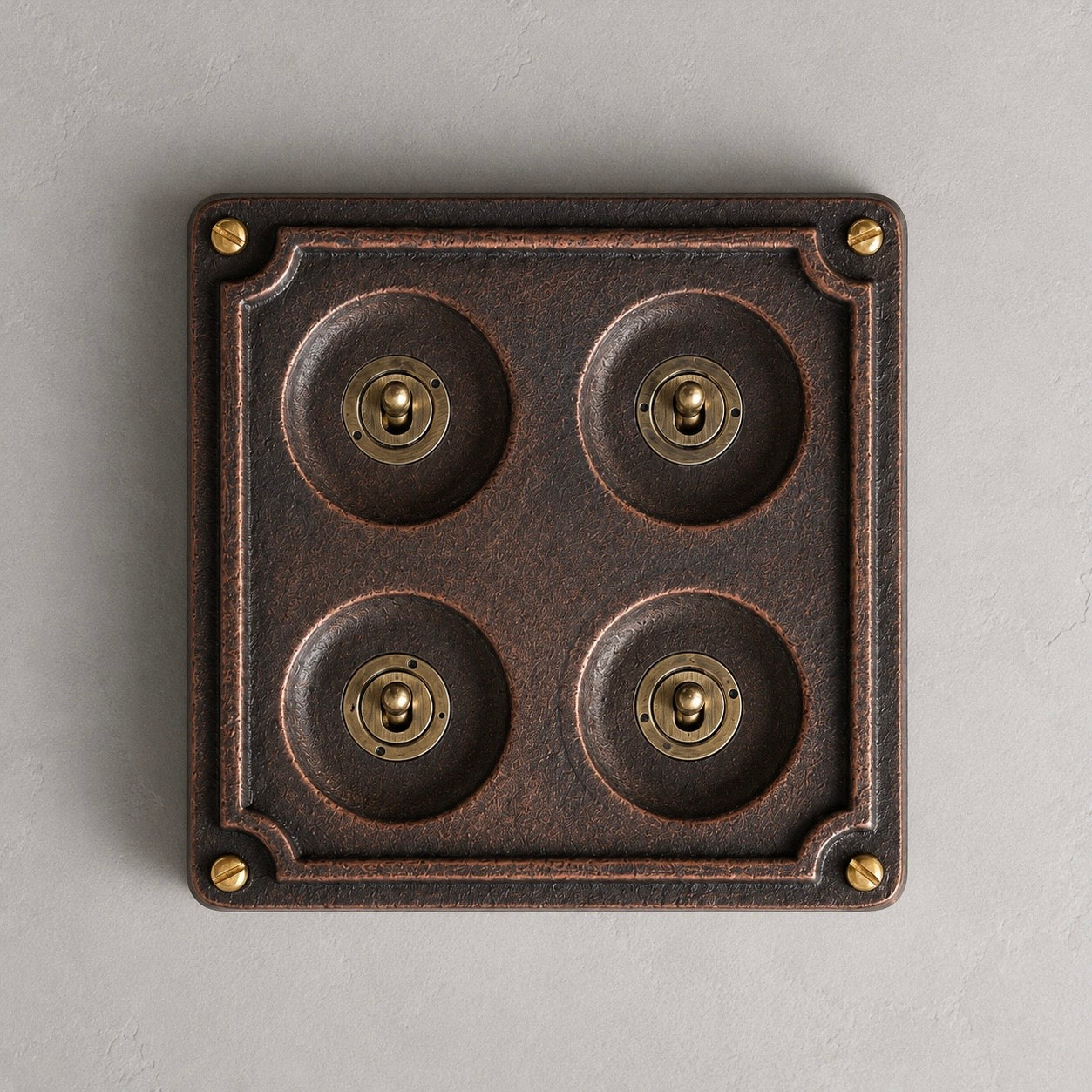 4 Gang 2 Way Antique Copper Conduit Toggle Light Switch | Solid Cast Metal