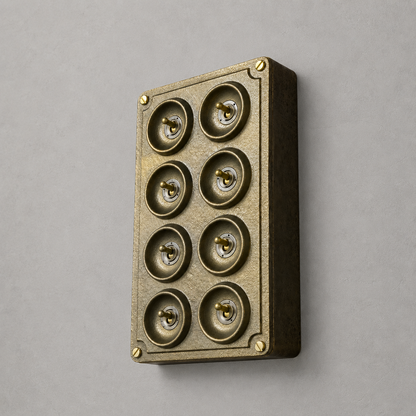 8 Gang 2 Way Bronze Cast Metal Toggle Light Switch | Industrial Surface Mounted Conduit Style