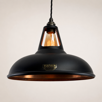 Cawston XL Matt Black & Antique Copper Coolicon Lampshade Pendant Light - 14 Inch