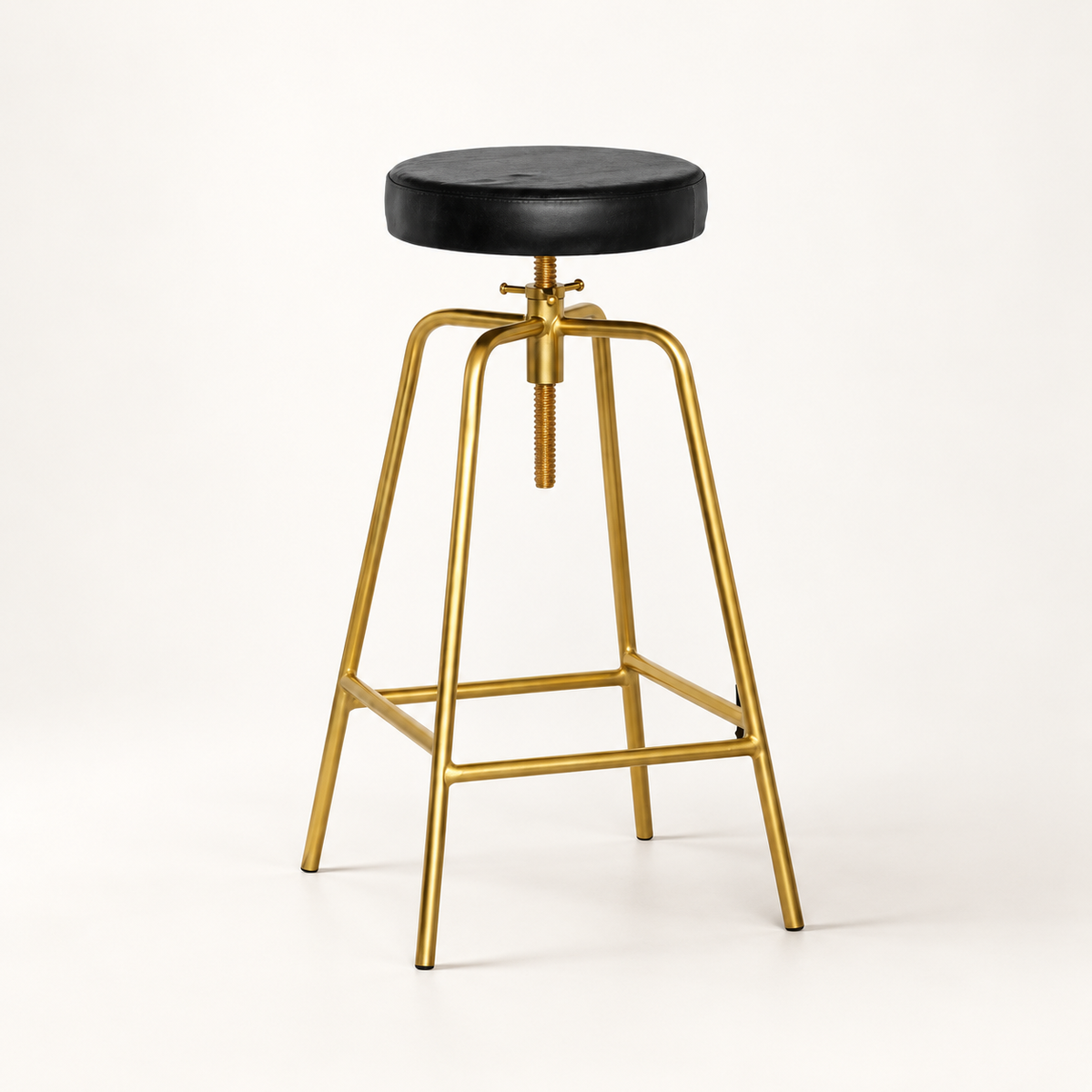 Antique Brass & Black Leather Adjustable Bar Stool