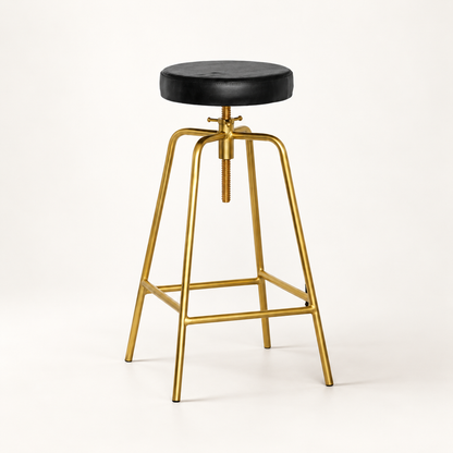 Antique Brass & Black Leather Adjustable Bar Stool