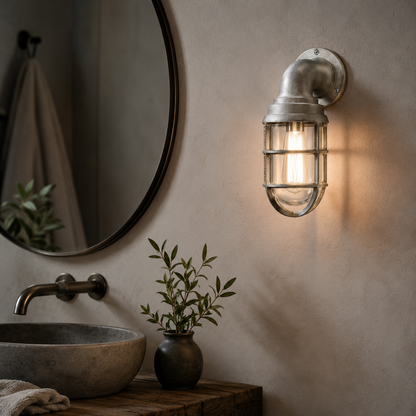 Beachamwell - Raw Cast Aluminium Caged Bulkhead Wall Light | Outdoor & Bathroom | 10.5 Inch