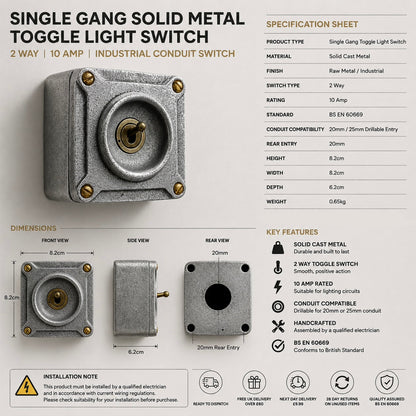 Single Gang Solid Metal Toggle Light Switch | 2 Way 10 Amp Industrial Conduit Switch
