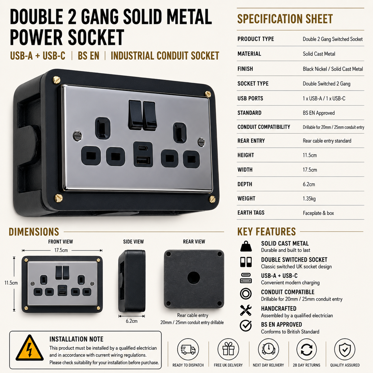 Black Double Switched Black Nickel Power Socket 230V 2 Gang Solid Cast Metal Conduit Switch