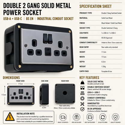 Black Double Switched Black Nickel Power Socket 230V 2 Gang Solid Cast Metal Conduit Switch